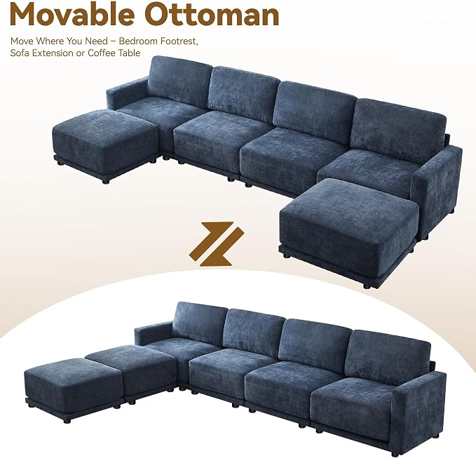 143.8" Modular Sectional Sofa Modern Chenille U Shaped Couch with Thickened Seat Cushions, Easy Assembly, Upholstered 6 Seater Couch with 2 Movable Ottomans for Living Room, Blue