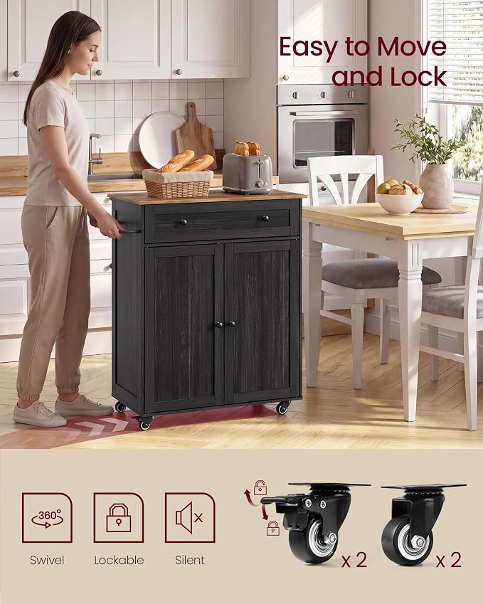 VASAGLE Mobile Kitchen Island, Portable Island on Wheels, Mobile Cart with Storage Cabinet for Dinning Room, 15.8 x 30.9 x 35.1 Inches, Ink Black and Honey Brown UKKI009BA01S