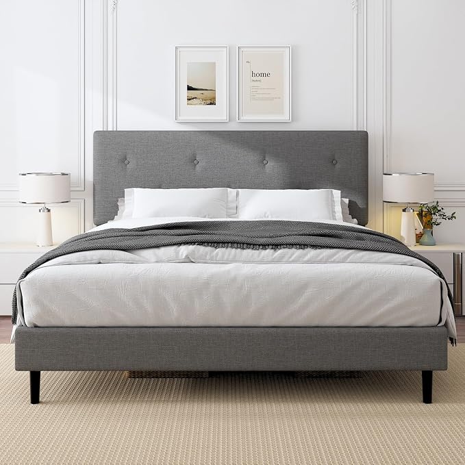 King Size Linen Bed Frame, Upholstered Platform Bed Frame with Adjustable Headboard, Wooden Slats Support, No Box Spring Needed, Easy Assembly, Grey