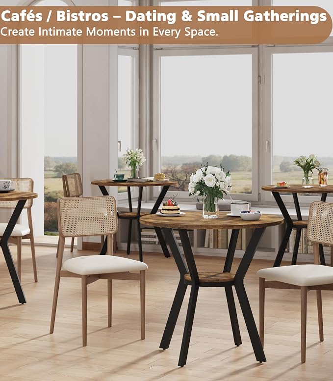MECHYIN 31.5" Round Kitchen Table for 2-4, Small Round Dining Table with Storage, Rustic Wood Circle Table with Metal Legs, Compact Dining Room Table for Kitchen, Cafe, Apartment and Small Space