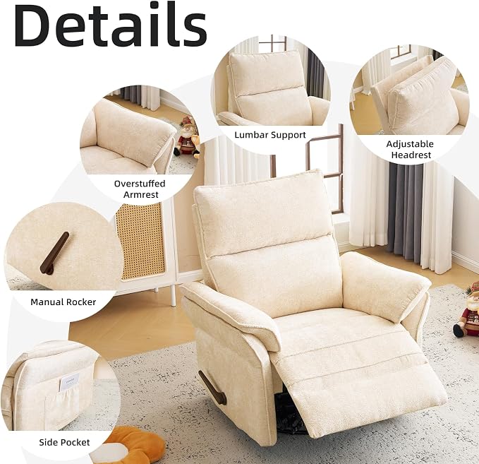 Oversized Recliner Chair, 26" Extra Wide 360° Swivel Rocker Recliner with Adjustable Headrest, Chenille Glider Rocking Nursery Chair with Overstuffed Armrest, Lumbar Support, Beige