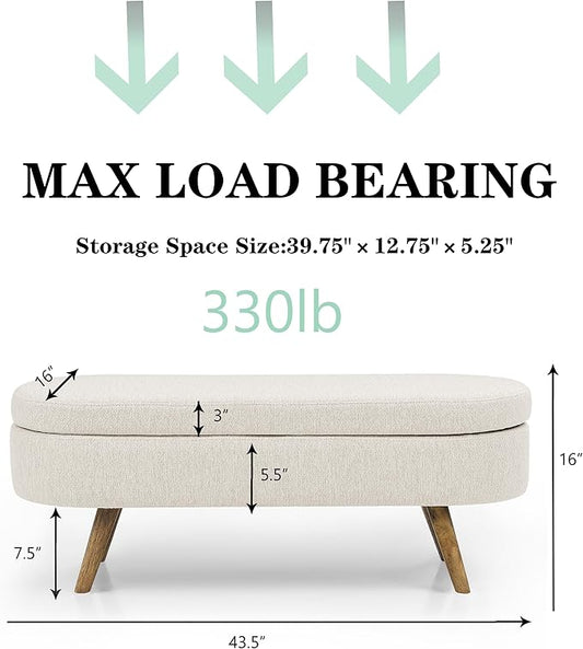 43.5" Ottoman with Storage, Storage Ottoman Bench with Safety Hinge, Linen End of Bed Bench, Upholstered Entryway Bench for Bedroom, Living Room & Window, Holds up to 330 lb, Beige
