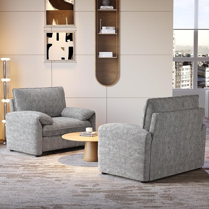 ONBRILL Oversized Accent Chair, 41 Inch Chenille Fabric Armchair, Comfy Single Sofa Chair with Padded Arms, Pocket Spring Cushion, Modern Reading Chair for Living Room, Bedroom, Grey