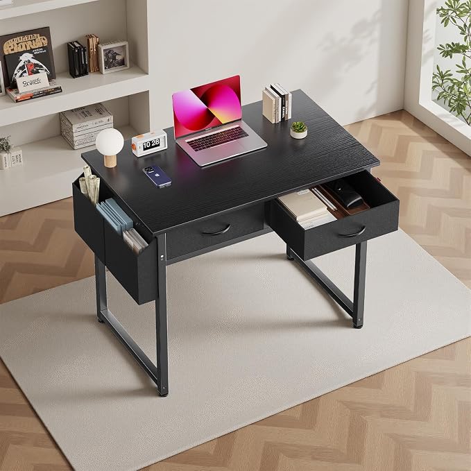 DUMOS 32" Home Office Computer Desk with Drawers, Small Gaming Writing Study Table with Storage Side Bag, Headphone Hook and Adjustable Feet for Bedroom Black