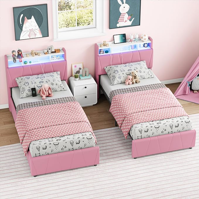 LIKIMIO Twin Bed Frame with 2 Storage Drawers, Charging Station & LED Lights, Upholstered Platform Twin Bed with Storage Headboard, Strong Wooden Slats, No Box Spring Needed, Easy Assembly, Pink