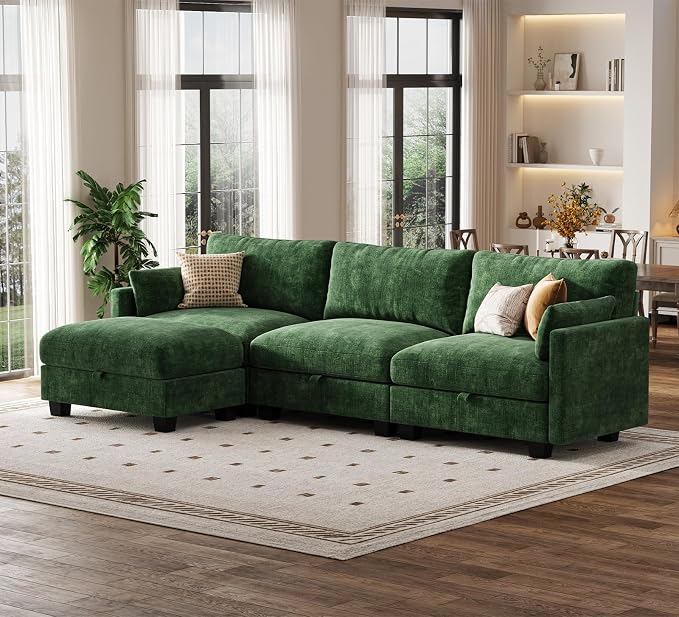 Modular Sectional L Shaped Sofa Couches for Living Room, Cloud Couch with Storage Ottoman, Comfy Chenille Sofa with Pillow, Green