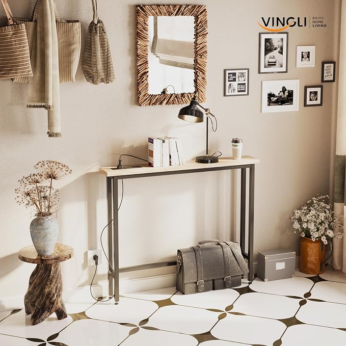 VINGLI 39" Console Table with Charging Station, 5.9" Narrow Sofa Table Behind Couch, Entryway Table with Power Outlet & 4.9 Ft Extension Cord & Adjustable Feet, for Living Room, Hallway, Oak