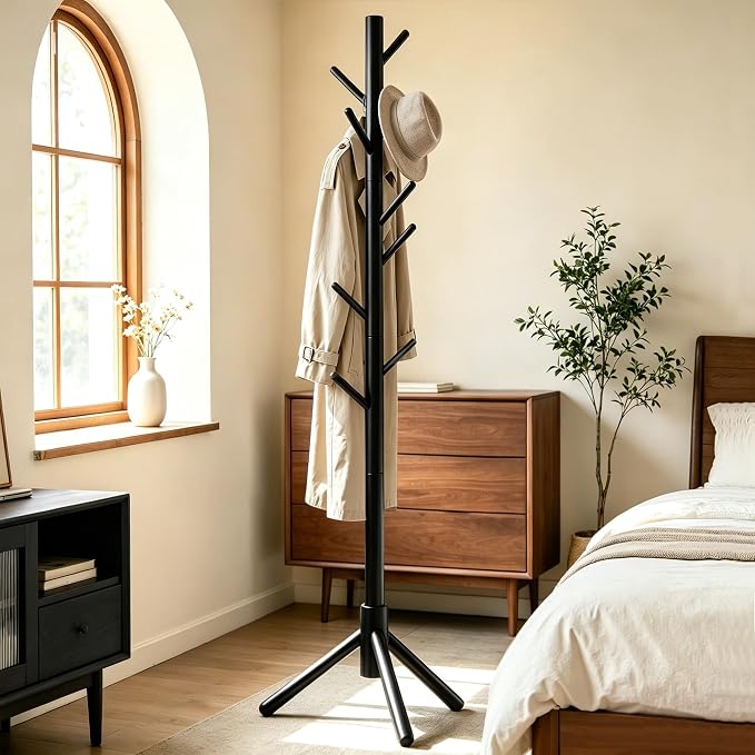 2 PC Wooden Coat Rack Freestanding with 8 Hooks & 3 Adjustable Sizes for Clothes, Space-Saving Design for Bedroom Office Entrance Holds Hats Coats Scarves Bags