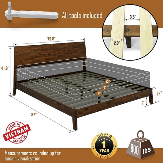 Acacia Serenity King Size Bed Frame, King Bed Frame with Headboard 800 lbs Capacity Natural Wood Bed All Mattress Support & No Box Spring Needed, Wood Slats Support Wooden BedFrame King, Walnut