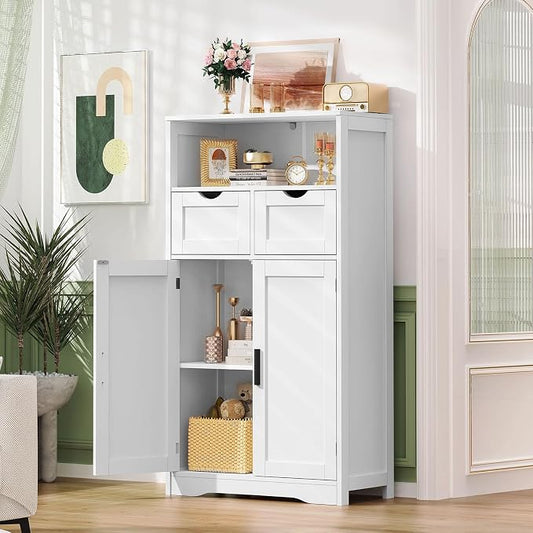 Iwell Bathroom Cabinet with Doors and Drawers, Freestanding Bathroom Storage Cabinet, Adjustable Shelves, for Living Room, Kitchen, Home Office, White