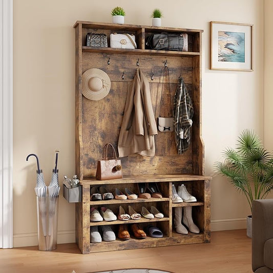 Aiho Entryway Hall Tree with Bench and Storage, 5-in-1 Hall Tree with Coat Rack, Adjustable Shoe Bench, 2-Tier top Storage, for Hallway, Entryway, Bedroom, Rustic Brown
