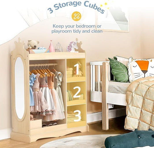 Curipeer Kids Dress up Storage with Mirror, Kids Wardrobe with Storage & 3 Hooks, Kids Closet for Girls Boys, Kids Costume Organizer, Open Hanging Armoire Wardrobe Closet for Bedroom, Natural