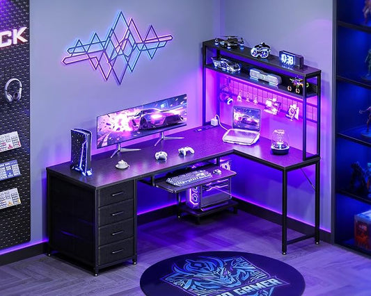 AODK 59 Inch L Shaped Desk with 4 Drawers, Gaming Desk with Led Lights & Power Outlets, Computer Desk with Pegboard & Keyboard Tray, Reverisble Home Office Desk with Storage Shelves & CPU Stand, Black