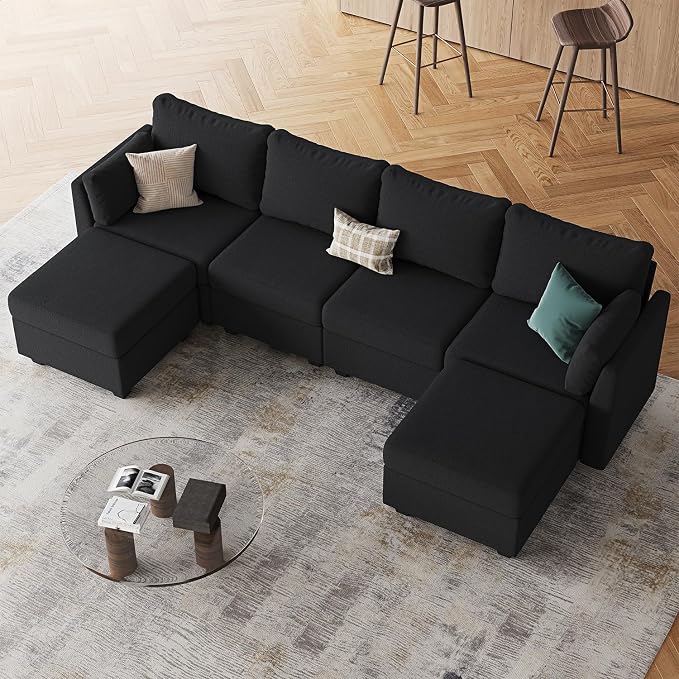 Huatean Home 114.17" Modular Sectional Sofa, 6 Seat Sectional Couches with Storage, Memory Foam, Convertible Modular Couch for Living Room, U Shaped Comfy Modular Sofa with Chaise, Black