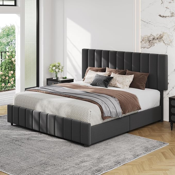 IDEALHOUSE Queen Upholstered Bed Frame with 4 Storage Drawers, Adjustable Headboard and Wooden Slats Support, No Box Spring Needed, Black