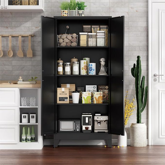 Farmhouse Pantry Cabinet with Barn Doors,61" H x 27.5" W,Metal Cabinet with Adjustable Shelves,4-Tier Storage Cabinet for Kitchen Dining Room Garage Office,Black 1 Pack