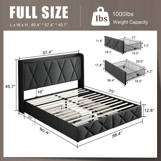 Einhomn Full Size Bed Frame with 4 Storage Drawers and Charging Station, Upholstered Platform Bed Frame with Storage Headboard, No Box Spring Needed, Easy Assembly, Dark Grey
