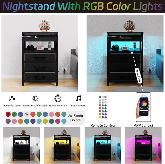 SZLHANJZ End Tables Set of 2, Nightstands with Charging Station and LED Lights, 3 Drawers Fabric Bedside Table, Storage Side Tables for Bedside, Living Room, Modern Black