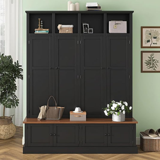 Hall Tree with Bench and Shoe Storage,Shoe and Coat Rack with Drawer and Hooks,Farmhouse Furniture for Entryway,Mudroom,Living Room,Black (Black, 59" W)
