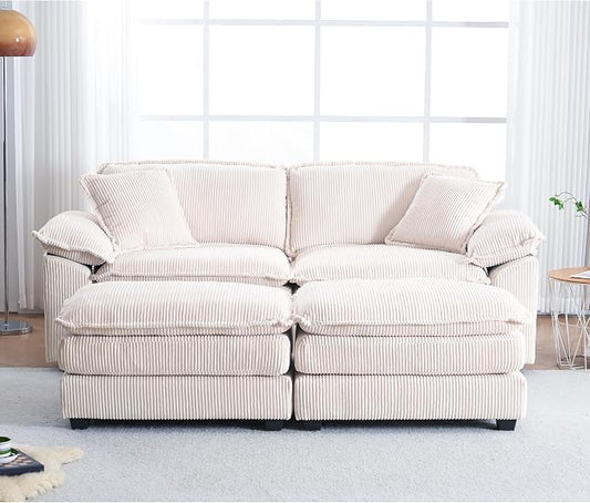 84.6” Corduroy Loveseat with Ottoman, Oversized Double Chaise Lounge Chair Indoor Deep Seat Two Seater Couch Cloud Couch Modular Sectional Sofa for Living Room(Corduroy White)