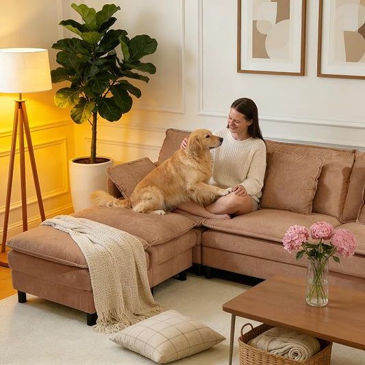 YDN 75" Oversized Modular Cloud Couch Bed with Ottoman x 2, Modern Sectional Sleeper Sofa, 4 Deep Seat Couches for Living Room Bedroom, Office, Apartment, Khaki