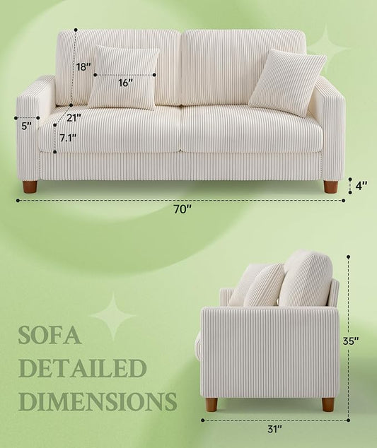 Welzona 70.2" Couches for Living Room, Comfy Beige Couch 7.1" Extra Thick Cushion, Sofas for Living Room Tool-Free Setup, Loveseat Sofa 705lbs Support, Corduroy Couch for Bedroom, Apartment, Office