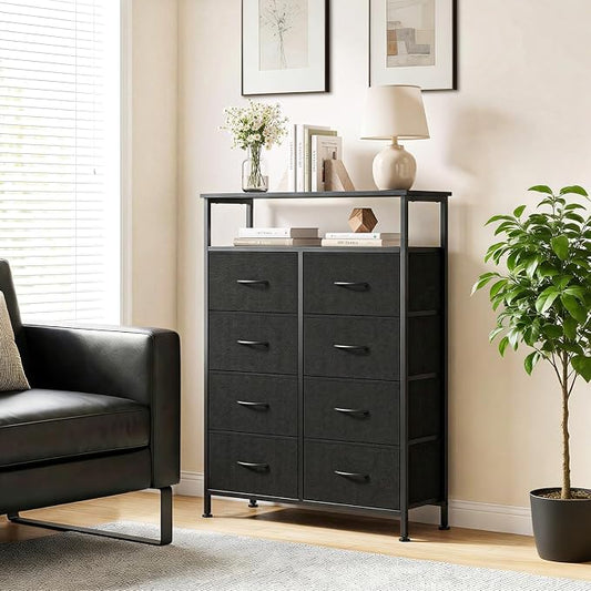 8 Drawers Dresser with Open Shelf, 46" Tall Storage Organizer Chest of Drawer with Wooden Top, Sturdy Metal Frame for Bedroom, Hallway, Living Room, Black