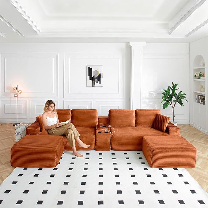 ivoros 125 Inch Modular Sectional Sofa Couch, Oversized Modern Cloud Couch for Living Room, U Shape Couches with 2 Ottomans, USB Ports and Cup Holders, Orange Corduroy Boneless Sofas, Sofa in a Box