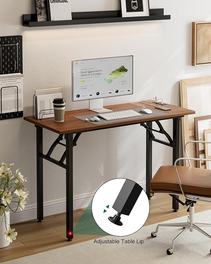 Frylr Small Folding Computer Desk β 43.3 Inch Portable Table for Craft and Study, Lightweight Desk for Small Spaces, Foldable Laptop Table Built-in AC/USB Outlets for Convenience, Dark Walnut