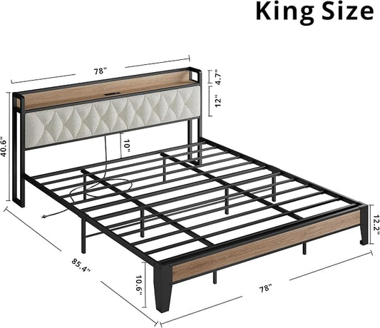 King Size Bed Frame with Headboard & Charging Station, Wood and Cream