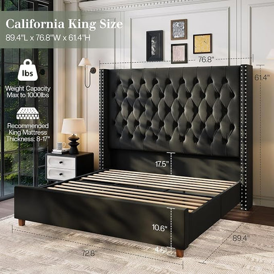 Jocisland Cal King Bed Frame 61.4" Tall Headboard Velvet upholstered,Black | Wingback Headboard,Full Back Support for Tall People,Handcrafted Pleats&Deep Button,Noise-Free,Solid Wood Legs,Easy Assembly