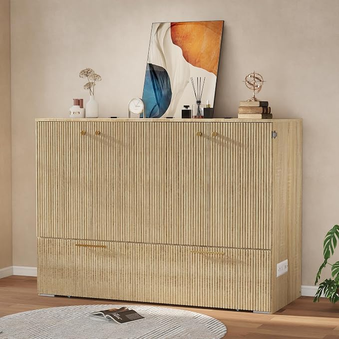 Full Size Murphy Bed Cabinet: Modern Murphy Bed Full Oak, Natural Wood Hidden Beds Cabinet with Charging Station, Fluted Hideaway Beds for Apartments (Oak-Stripe)