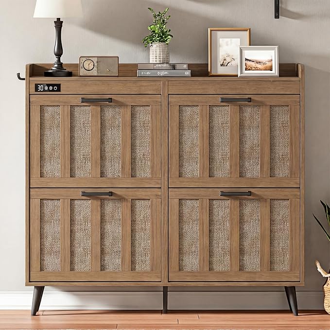 ChooChoo Shoe Storage Cabinet with 4 Flip Drawers, Deodorizing Shoe Organizer Storage for Entryway, Freestanding Hidden Slim Narrow Shoe Rack Cabinet, Rustic Oak