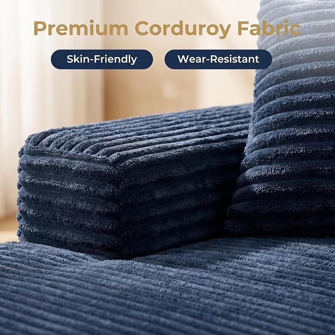 95-Inch U-Shaped Right Facing Corner Compressed Sofa Modular Sectional Boneless Cloud Sofa Floor Foam Couch W/Chaise Lounge & Ottoman, Corduroy Corner Boneless Cloud Couch