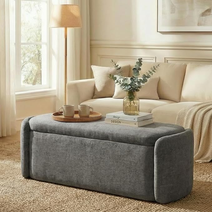 VKNOW 46" Oval Storage Ottoman Bench, Upholstered End of Bed Bench Ottomans Bench Foot Rest, Sherpa Storage Bench for Bedroom, Living Room and Hallway, Dark Grey