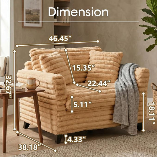 ERYE 46.9" Corduroy Upholstered Accent Chair Wide Seat Armchair for Living Room Bedroom, Modern Cloud Cushion Armchair W/ 2 Pillows and Wooden Legs for Home Apartment Office