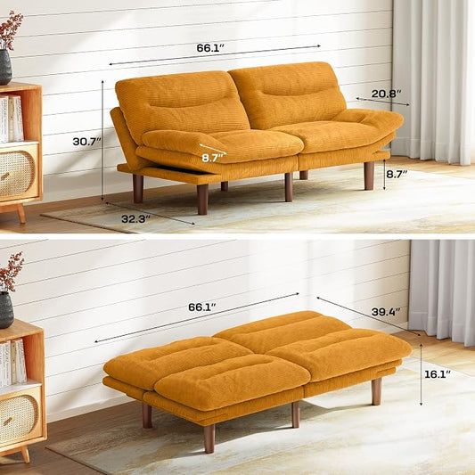 Marsail 66" Futon Sofa Bed, Convertible Corduroy Futon Couch with Adjustable Backrest & Armrests, Small Sleeper Sofa Loveseat for Living Room, Apartment, Office, Yellow