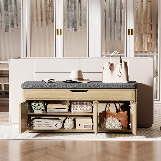Shoe Bench with Storage - Lift Top Entryway Bench with Hidden Storage, Shoe Rack with Adjustable Shelves and Cushioned Seat, Wooden End of Bed Bench for Bedroom, Living Room and Hallway,Nature