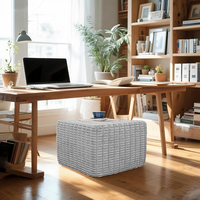 Asuprui Round Square Pouf Ottoman Foot Rest – Lightweight Modern Footstool with Plush Foam Filling, Perfect for Living Room Decor & Cozy Comfort – 20x20x14 Inch Chic Accent Piece (Light Gray)