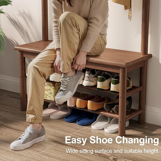 AQIMUELE Coat Rack with Shoe Storage, Wooden Hall Tree with Bench, 11 Hooks and 2-Tier Storage Shelves, 3-in-1, Entryway Bench with Coat Rack (31.5"-Walnut)