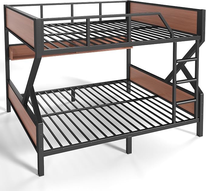 Bellemave Bunk Bed Full Over Full with LED, Heavy Duty Metal Bunk BedFrame with Storage Shelves and Lights, Woodgrain+Black