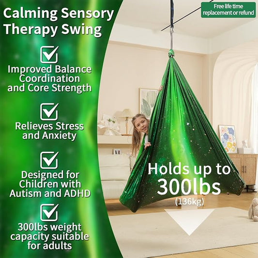 Sensory Swing for Kids Indoor & Outdoor Double Layer Therapy Cuddle Hammock Chair with 360 Swivel Hanger Kit Adjustable Swing for Child and Adult with Aspergers Autism ADHD (Aurora Green)