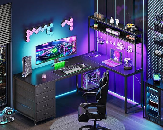AODK L Shaped Desk Gaming Desk with LED Light & Power Outlet, 59 Inch Reversible L Shaped Computer Table with 4 Drawers for Home Office, Black