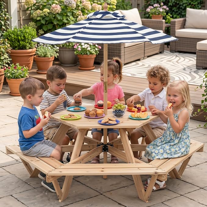 Costzon Kids Picnic Table, Hexagonal Wooden Toddler Outdoor Table and Bench Set with Removable Umbrella, Kids Outdoor Furniture for Patio Lawn Garden Backyard, Seats Up to 6 Children Age 3+ (Natural)