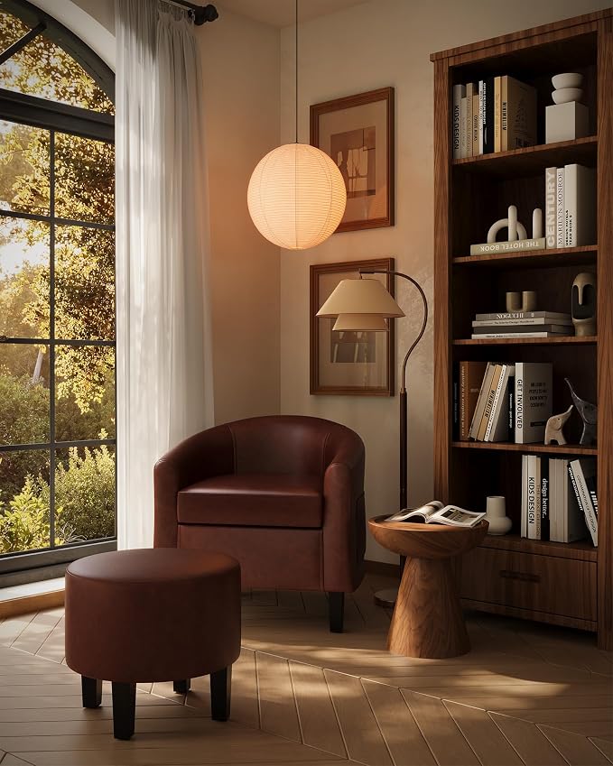 GarveeHome Accent Chair with Ottoman, Faux Leather Barrel Chair, Corner Chair with Stool, Mid-Century Upholstered Living Room Chairs, Brown