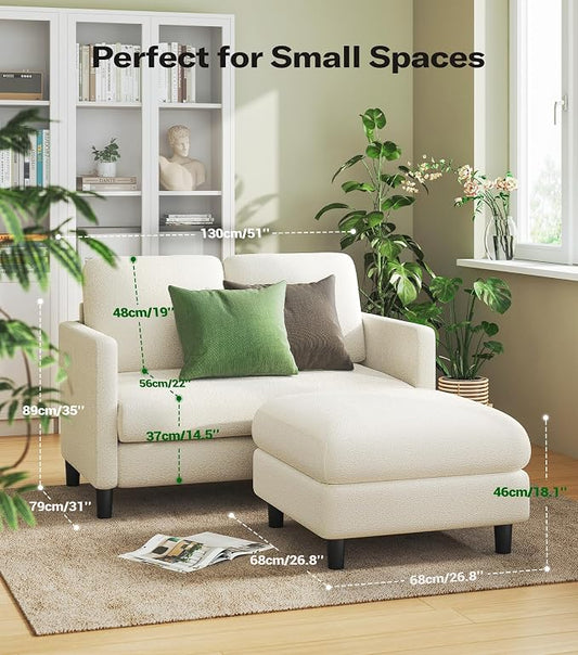 Welzona Loveseat, 51" Small L Shaped Couch, Comfy Teddy Love Seat with Ottoman Set, Tool-Free Setup Loveseat Sofa with Ottoman, All-Wood Small Sofa Couch for Bedroom, Couch for Living Room, Beige