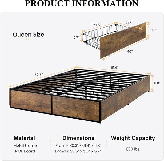 SHA CERLIN Queen Platform Bed Frame with Storage Drawers, Sturdy Metal and Wood Construction, Modern Design, No Box Spring Needed, Easy Assembly