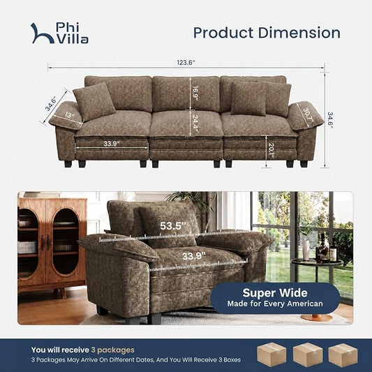 PHI VILLA Modern Modular Couches Sets, 123.6" Cloud Sectional Sofa with Upholstered Deep Seat, 3-Seater Couch for Living Room Small Spaces, Chenille Grayish Brown