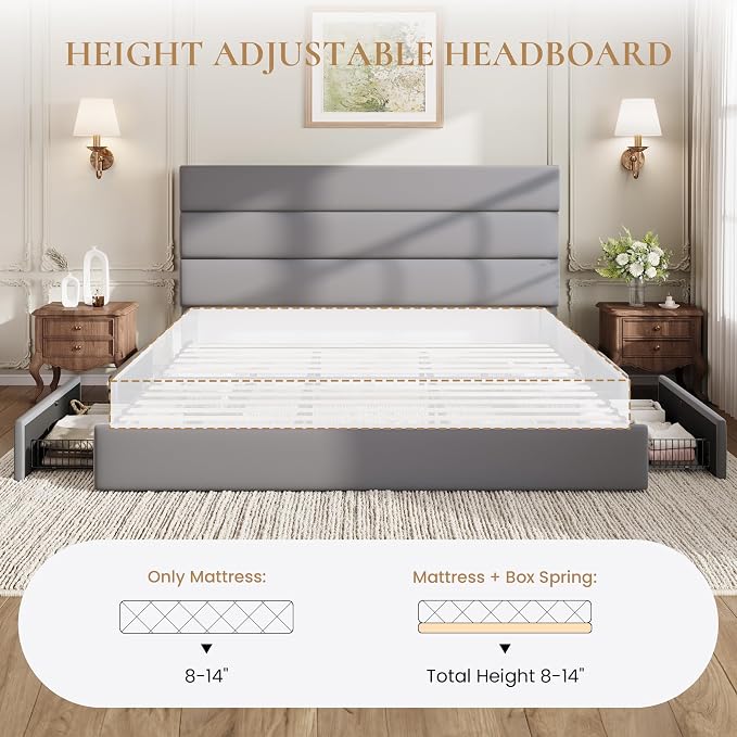 SHA CERLIN King Size Platform Bed Frame with 4 Storage Drawers, Velvet Upholstered Headboard, Mattress Foundation with Wooden Slats Support, No Box Spring Needed, Easy Assembly, Grey