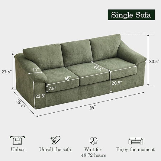 89" Boneless 3 Seater Sofa, Modern Cloud Couch for Living Room, 3 Seat Couch with Deep Seat, Thick Cushion, Comfy Upholstered Sofa for Apartment, Bedroom, No Assembly, Green